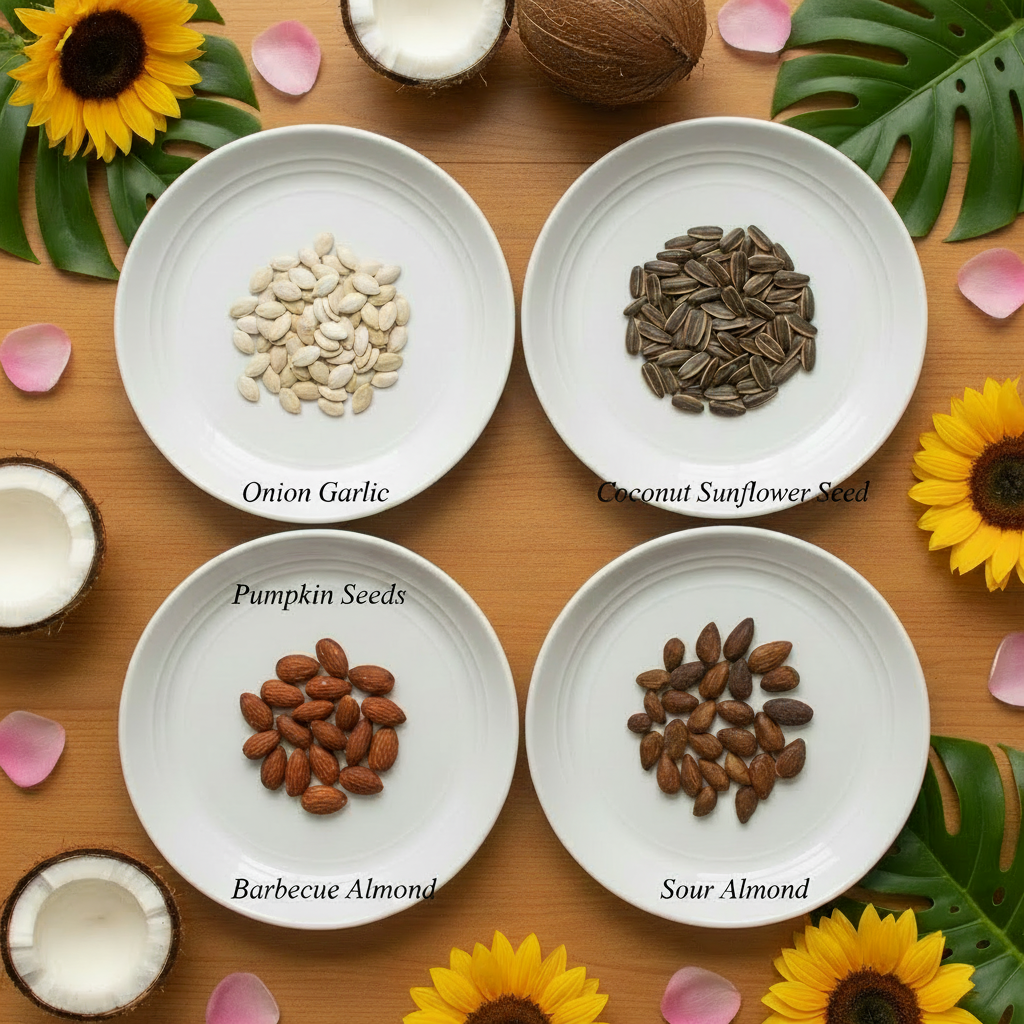 Four snack seeds on plates with large bold labels